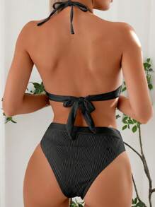 SHEIN Swim Women's Vacation Solid Color Halter Neck Tie Sexy Bikini Set, Two Pieces,Summer Beach - Black - View 2