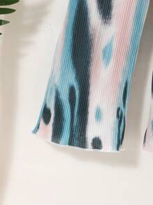 SHEIN Young Girl Warm Vacation Vibes Tie-Dye Print Pleated Pants In Black, Apricot, Green-Blue & Coffee For Summer