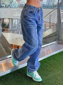 Women's Loose Fit Straight Leg Pocket Designed Denim Jeans - Dark Wash - View 1