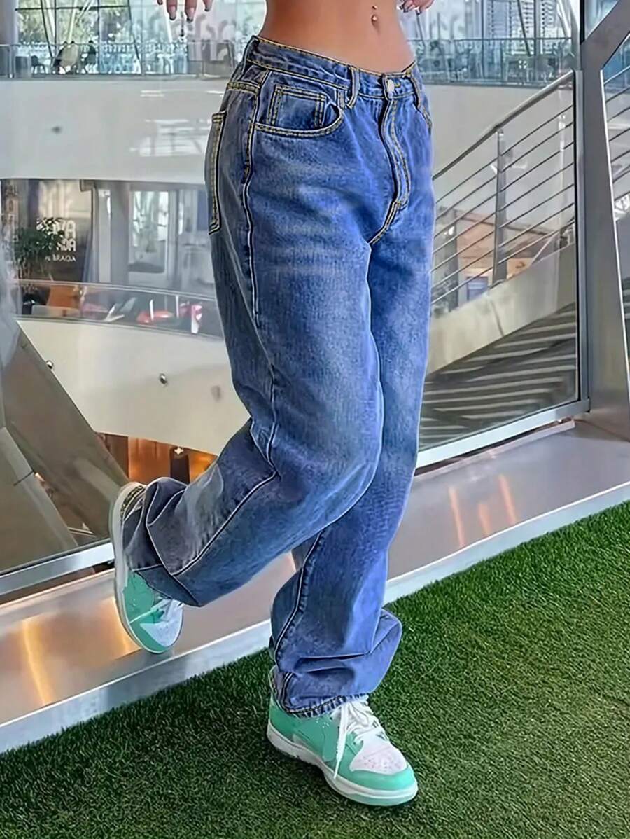 Women's Loose Fit Straight Leg Pocket Designed Denim Jeans - Dark Wash - View 1