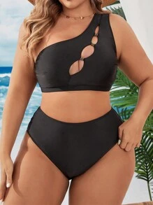 SHEIN Swim Curve Ensemble bikini d'été grande taille à épaule dénudée, à la mode, simple et creux pour femme sur la plage