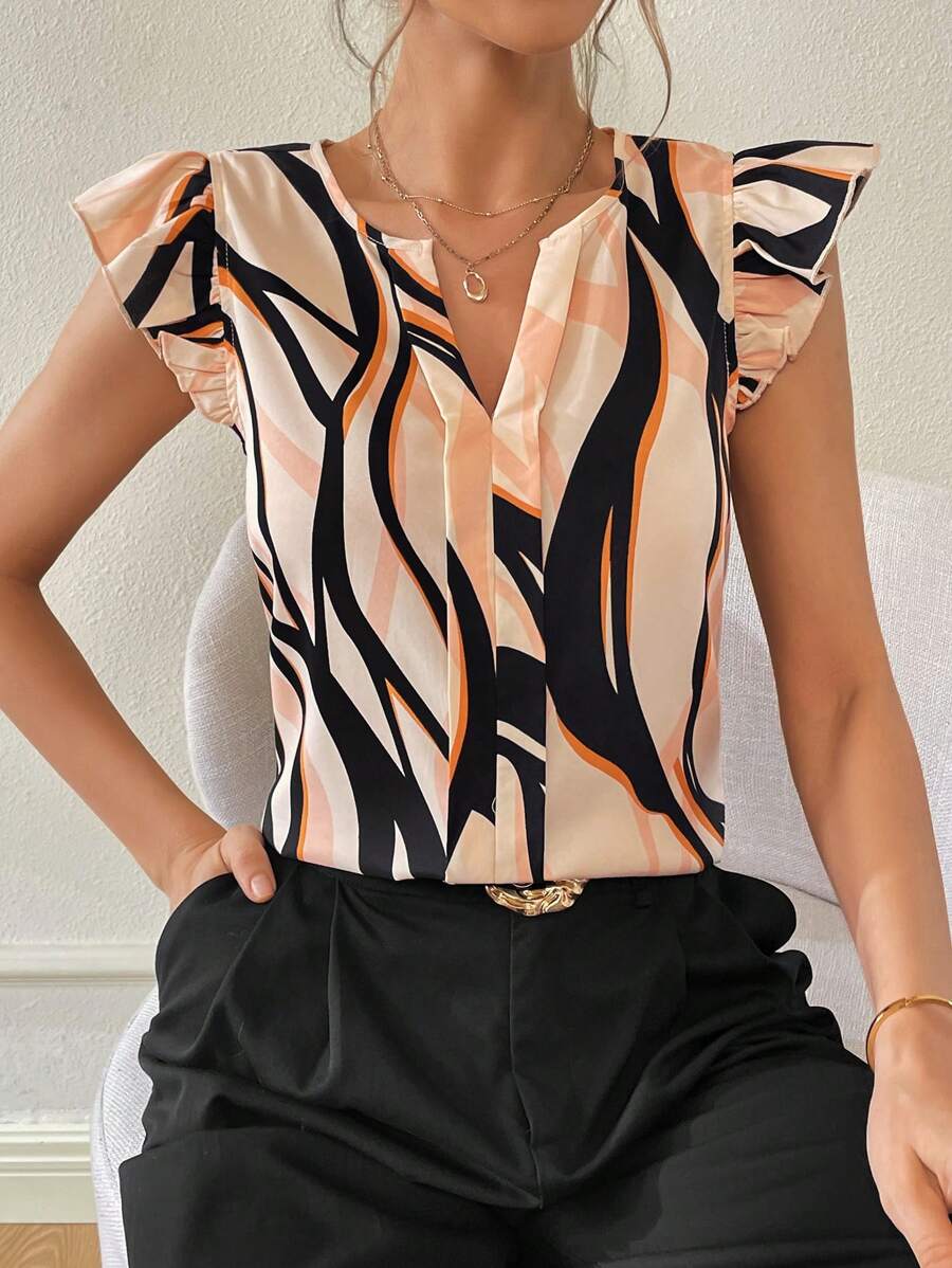 SHEIN Essnce Blusa casual de estampado aleatorio para mujer, camisa de trabajo con estampado completo, escote con muescas y ribete de volantes para uso diario simple, adecuada para maestras