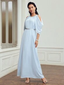 MOTF PREMIUM SOLID COLD SHOULDER FOLD PLEATED DRESS WITH BELT