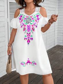 Breezaya Plus Size Women Fashion Lace Spaghetti Strap Cold-Shoulder Print Dress - Hot Pink - View 6