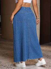 SHEIN ICON Plus Size Women's Solid Color Simple Daily Denim Skirt - Medium Wash - View 2