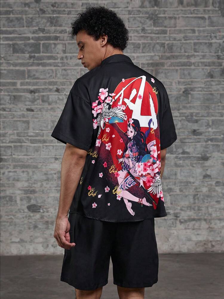 Men's Summer Casual Cartoon Character Printed Short Sleeve Shirt And Shorts Set