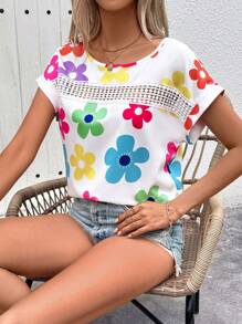 EMERY ROSE Summer Women Round Neck Hollow Out Floral Print Shirt (Random Cut Pattern)