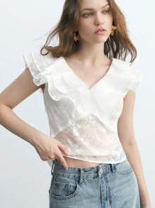 Maija Women's V-Neck Solid Color Simple Shirt With Ruffle Trim For Spring And Summer - White - View 3