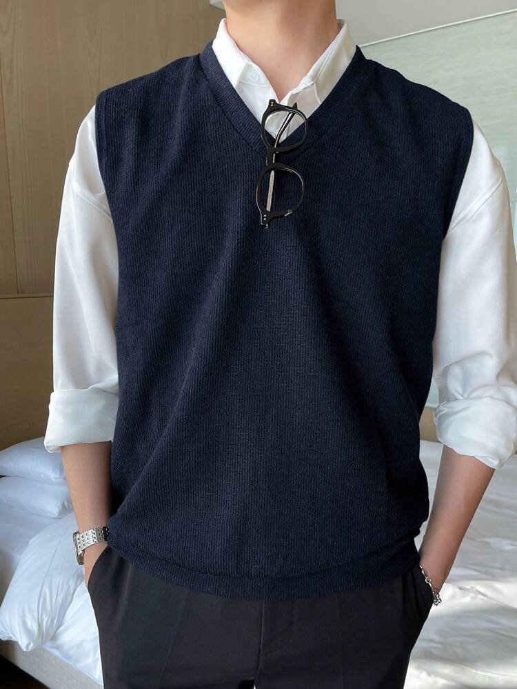 Men Summer Solid Color Knitted Sweater Vest, For Tennis Business Attire