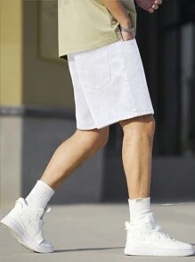 RONVEXI Men's Simple Loose Solid Color Denim Shorts Jorts - White - View 10