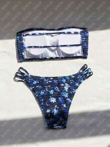 SHEIN Swim Bộ bikini hai mảnh in họa tiết Bandeau dành cho nữ, kỳ nghỉ hè trên bãi biển - Màu xanh hải quân - Xem 5