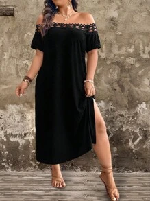 Breezaya 大码假日休闲纯色露肩蕾丝下摆中长连衣裙长款女装 - 黑色 - 查看 5