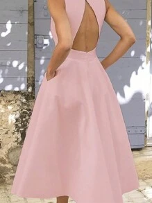 Chiquease Váy không tay hở lưng màu trơn thanh lịch mùa hè có vòng eo - Hồng - Xem 2