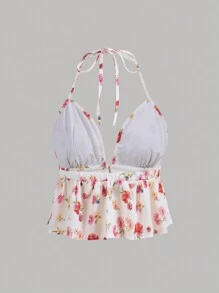 Aloruh Elegant Printed V-Neck Sleeveless A-Line Tank Top With Halter