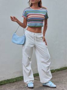 SHEIN EZwear Women's Short Sleeve Geometric Printed Crop Top T-Shirt For Summer