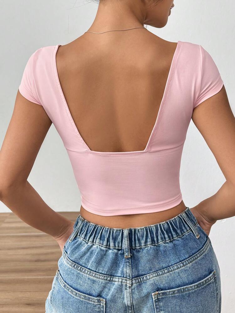 Women Summer Sweetheart Neckline Short Sleeve T-Shirt With Bow Decoration And Pleats