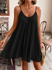 SHEIN Frenchy Váy suông dài màu trơn ngày lễ bằng vải lanh, thích hợp cho mùa hè, thoải mái và thoáng khí khi mặc - màu đen - Xem 4