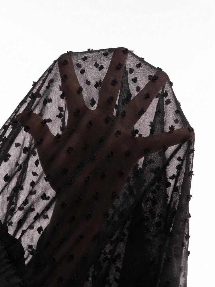 Plus Size Women V-Neck Deep V-Back Sexy Holiday Style Black Crop Dress With Cut-Out Lace Texture And Polka Dot Fabric, Ideal For Summer Or Weddings