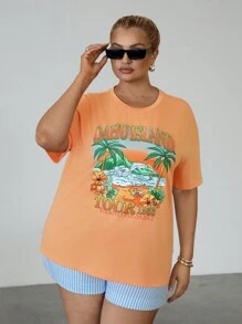 SHEIN EZwear 大码夏季海滩椰子树印花休闲橙色 T 恤 - 珊瑚橙 - 查看 4