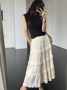 DAZY 纹理提花多层蛋糕裙长款女士裙子，荷叶边 - 杏色 - 查看 5