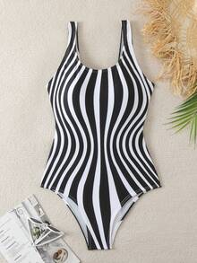 SHEIN Swim 女士一件式泳衣，印花款 - 黑與白 - 查看 5