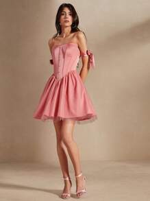 Anewsta Vestido corto de malla delgada en forma de X con hombros al aire y tirantes para mujer, en rosa coral tierno y elegante - Rosa coral - Ver 6