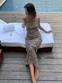 DAZY Leopard Print Mushroom Hem Lace Trim Cami Dress For Women,Ruffle - Khaki - View 5