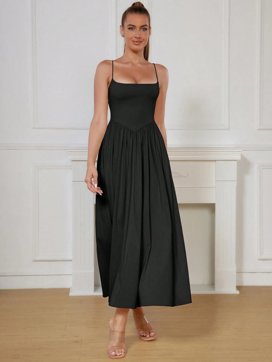 背面交叉圆领褶皱中长连衣裙，搭配黑色褶皱裙摆 - 黑色 - 查看 1