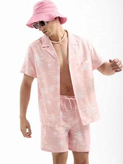 Surfspeed Men's Coconut Tree Print Short Sleeve Shirt And Shorts Beach Vacation Outfit