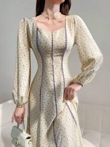 Modelyn 女式优雅灯笼袖碎花中长款收腰连衣裙，春夏