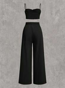 SHEIN EZwear Women's Plus Size Drawstring Front Tank Top And Wide Leg Pants Set, Solid Color, With Paper Bag Waist