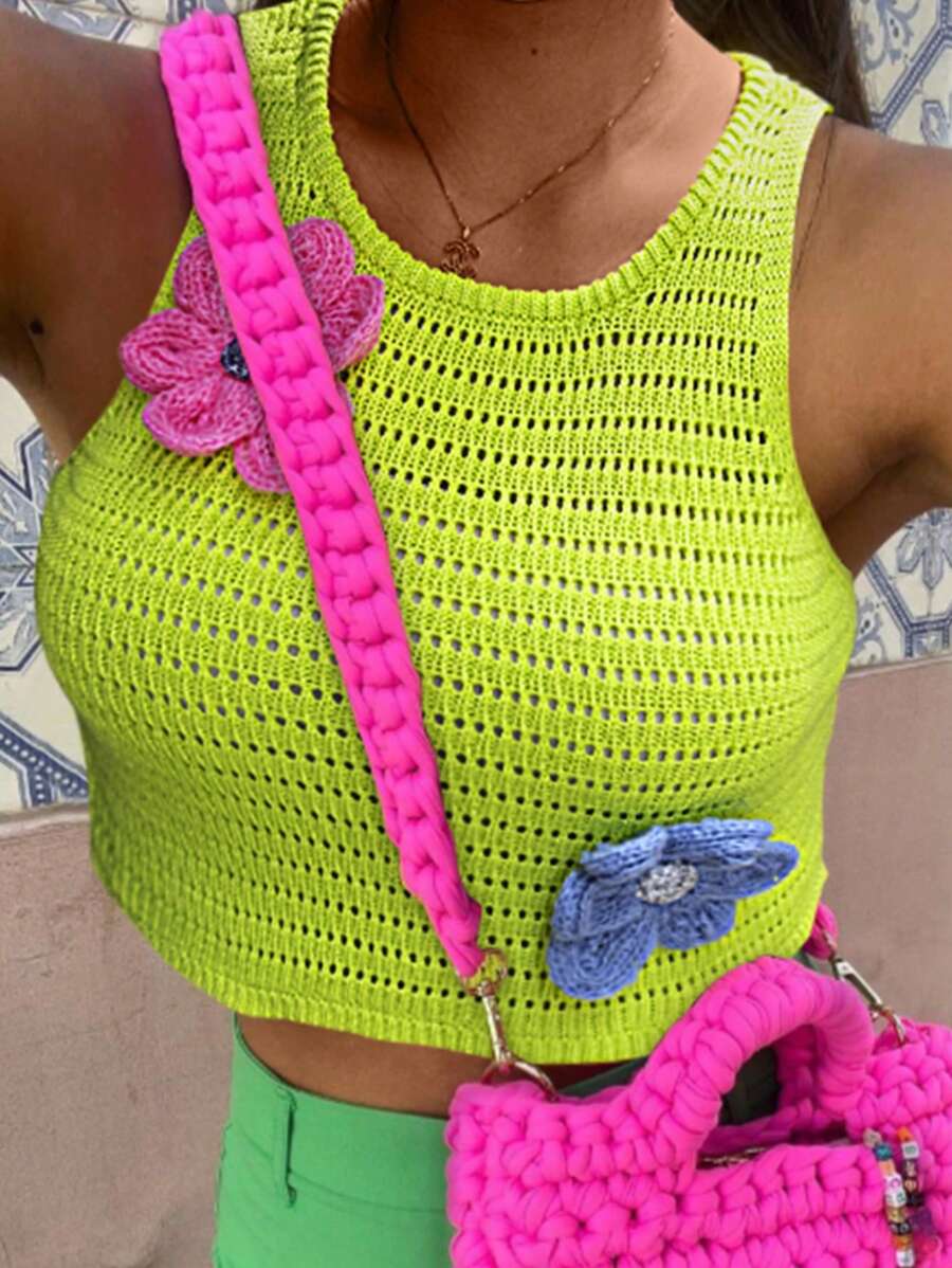 SHEIN Unity Women's Round Neck Solid Color Knitted Sleeveless Top With Floral Decor - Mustard Yellow - View 1