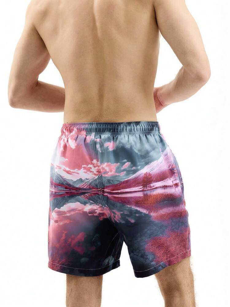 Men's Loose Landscape Printed Beach Shorts, Vacation Style
