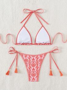 Swim Vcay Bộ đồ bơi bikini cổ yếm in hình bãi biển mùa hè dành cho nữ - Hồng - Xem 4
