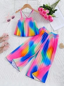 SHEIN 少女夏季彩虹背心和長褲套裝 - 彩色 - 查看 3