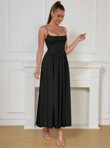 背面交叉圆领褶皱中长连衣裙，搭配黑色褶皱裙摆 - 黑色 - 查看 4