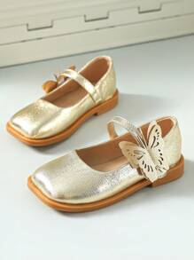 幼童女孩金色皮質蝴蝶結平跟鞋，適用於秋季