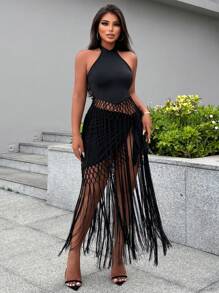 Zolique 女士夏季假期純色流蘇邊綁頸上衣，配結繫腰帶和裙子套裝 - 黑色 - 查看 4