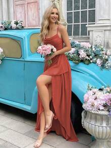 QOQ Elegant Minimalist Women's Wedding Formal Dress, Summer Bridesmaid Dress, Suitable For Weddings, Guests, Galas, Formal Events, Engagement Parties, Garden Weddings - Solid Color Draped Neck Asymmetric Hem Halter Bridesmaid Maxi Dress - Coral Orange - View 4