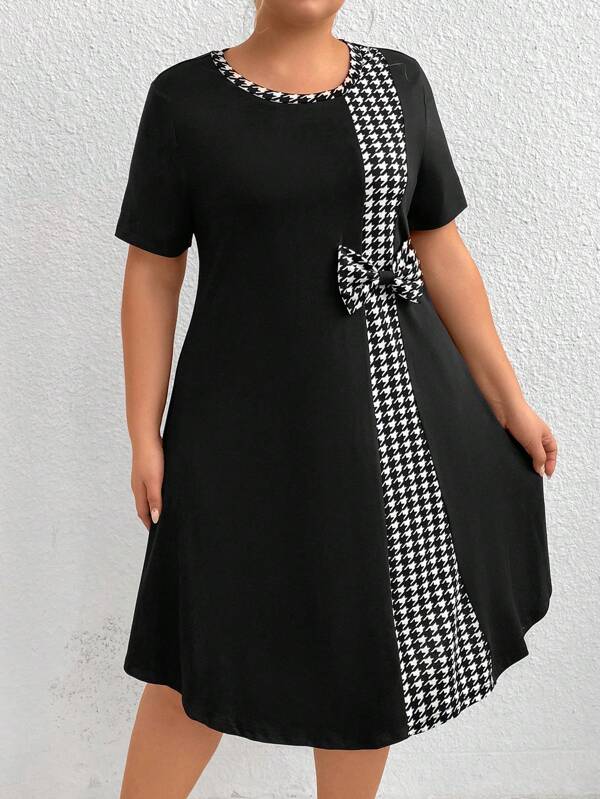 SHEIN Clasi Plus Size Fashionable Women's Round Neck A-Line Dress With Bowknot And Houndstooth Pattern Maxi Women Outfit For Summer