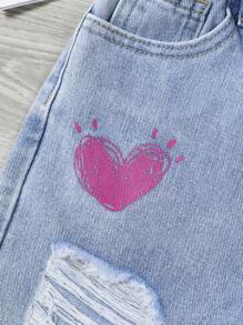 SHEIN Tween Girl Distressed Washed Graffiti Printed Denim Shorts, School, Campus, College - Light Wash - View 6