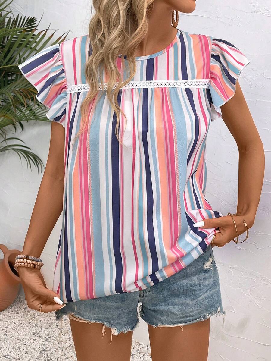 EMERY ROSE 女士彩色條紋圓領簡約日常襯衫 - 彩色 - 查看 1