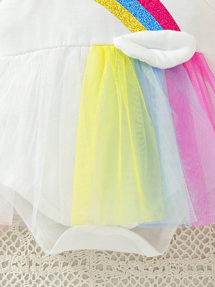 Baby Girl Sweet And Cute Contrast Mesh Bodysuit Style Outfit