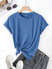 INAWLY Plus Size Solid Color Casual Round Neck Short Sleeve Summer T-Shirt - Blue - View 1