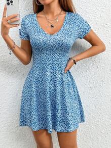 SHEIN PETITE Váy hoa đơn giản có eo nhún bèo cho mùa hè - Màu xanh lam - Xem 5