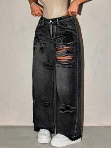 SHEIN ICON Quần denim ống rộng dáng rộng dành cho nữ có túi rách để mặc hàng ngày - màu đen - Xem 3