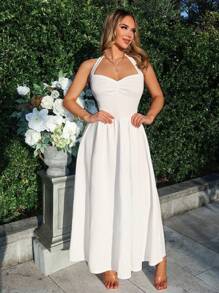 VaVaBold Vestido largo a la maxi de mujer de un solo color, diseño sencillo y estilo halter, para uso diario