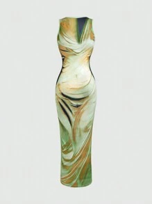 Zolique Váy dài ôm vừa vặn in họa tiết tie-dye dành cho nữ, mùa hè, trang phục maxi màu xanh lá cây dành cho nữ - màu xanh lá - Xem 3