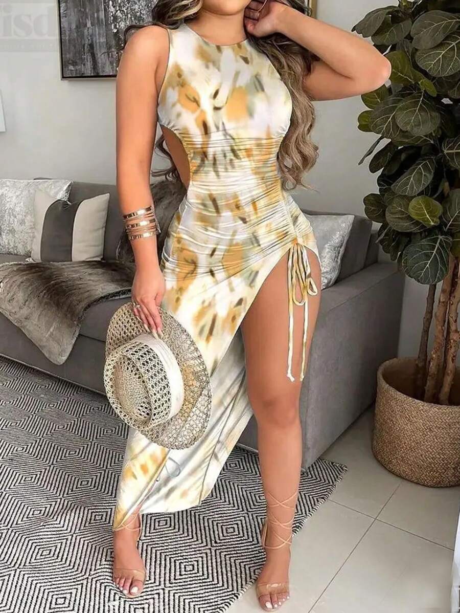 Breezaya فستان نساء صيفي بتصميم رفيع بخصر قابل للسحب وتفاصيل مقسمة، فستان صيفي ماكسي لملابس النساء - أصفر - مشاهدة 1