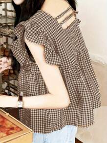 Casual Summer Gingham Check Ruffle Hem Shirt